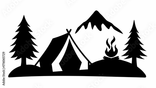 Silhouette of camping scene with tent, mountain, trees, and campfire in a nature landscape outdoor scene
