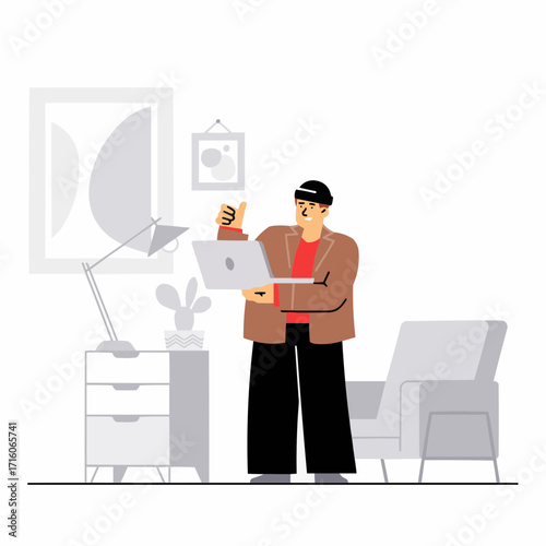 Cool guy working from home with laptop, giving thumbs up in stylish modern apartment, relaxed vibe for freelance lifestyle, success concept, originally a vector