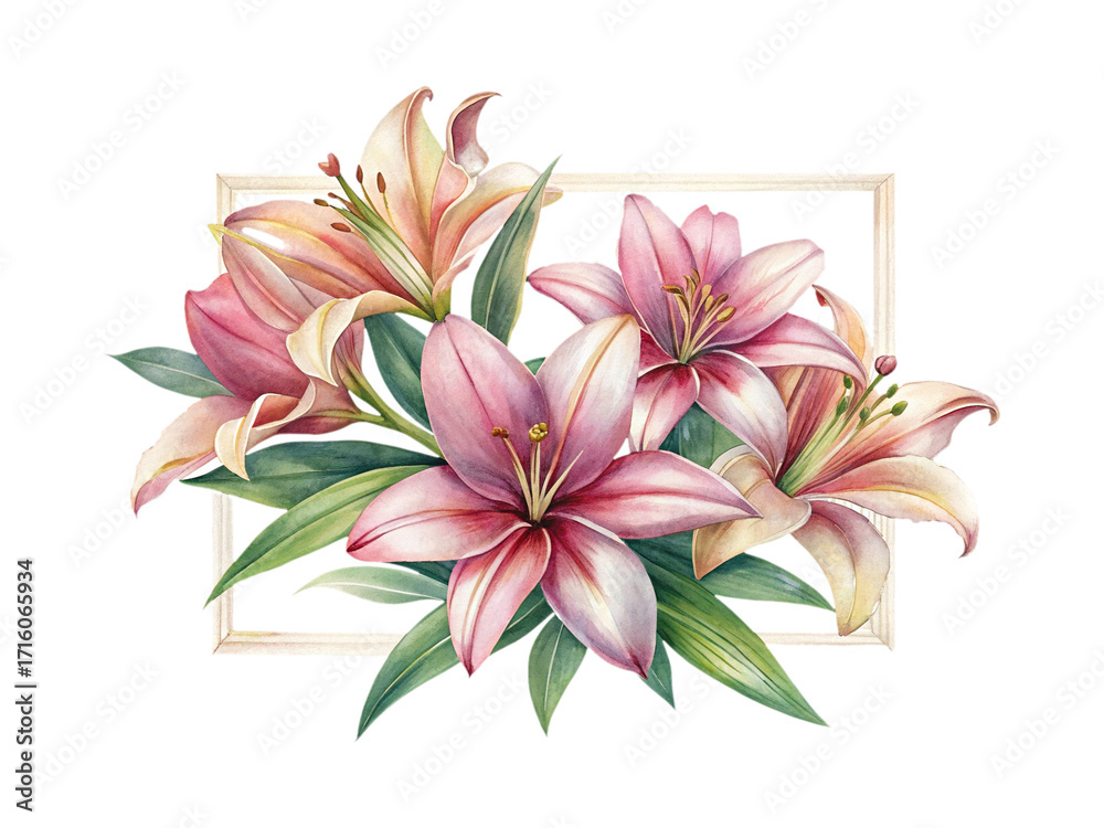 Naklejka premium Watercolor Lily Arrangement with Pink and Cream Petals and Green Leaves