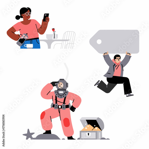 Diverse characters showcase modern lifestyles and ambitions, from a cafe visit to treasure hunting, embodying opportunity and modern adventures, originally vector