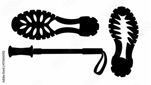 Illustration showing two shoe soles and a walking stick with a strap in black and white color scheme