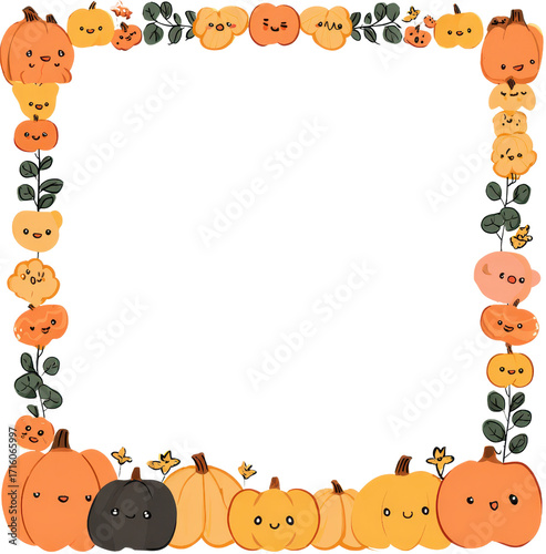 Cute pumpkin border with various expressions, featuring orange, black, and yellow pumpkins adorned with leaves and small flowers, perfect for autumn or Halloween themed designs