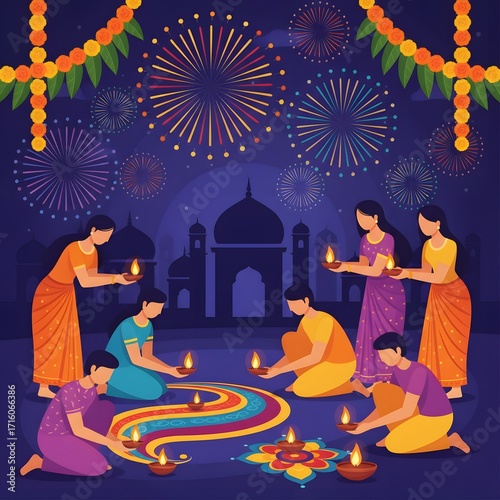 Celebrating the Festival of Lights Colorful Rangoli and Fireworks Display