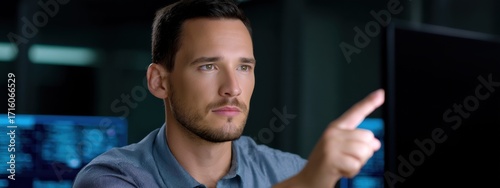 Young Professional Engaged in Serious Work at Computer Screen