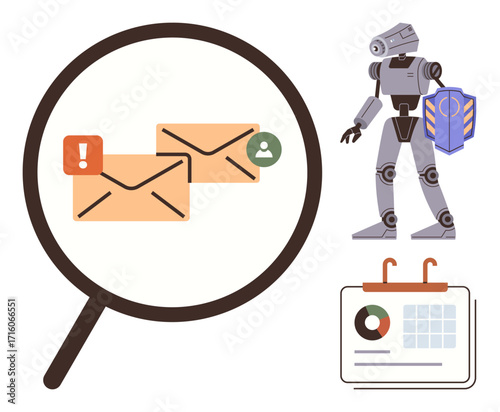 Magnifying glass highlights email notifications, including alert and user icons. Nearby robot with a shield and a calendar with analytics. Ideal for cybersecurity, email management, data analysis
