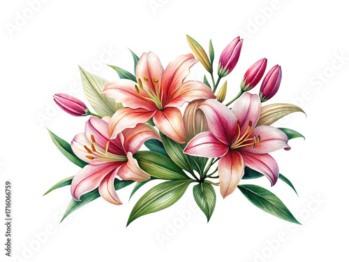 Delicate Pink and White Lilies in Watercolor Painting with Green Foliage