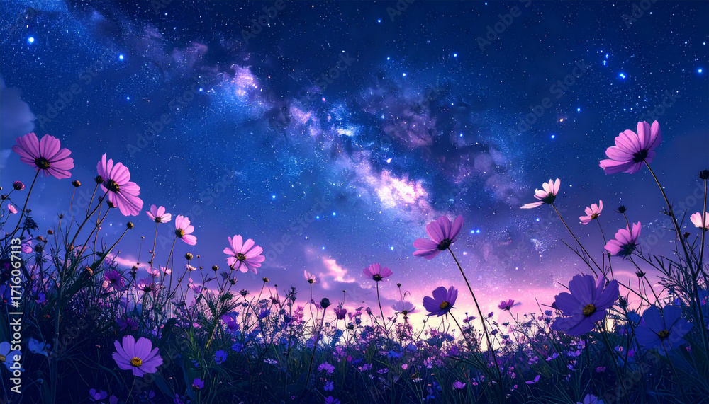 Fototapeta premium 幻想的な星空とコスモスの背景