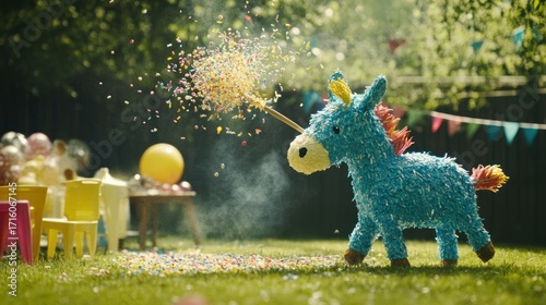 Blue unicorn pi?ata explodes with colorful confetti in a backyard party