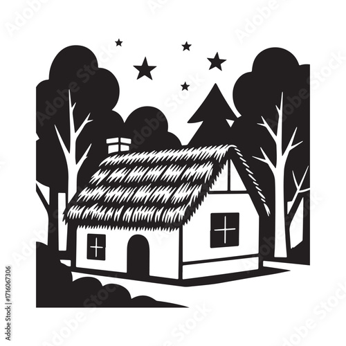A vector silhouette of a thatched-roof house with a white background.