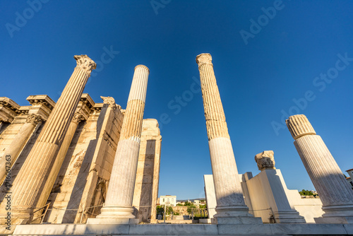 Ruins of the Library of Hadrian with marble columns, Athens, Greece.