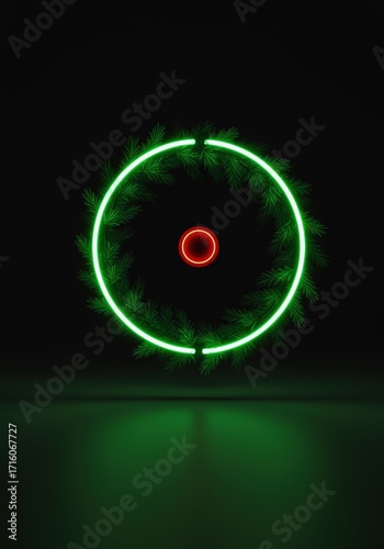 Vibrant Neon Green and Red Circular Light Installation with Multiple Light Trails and Dynamic Effects in a Dark Studio Setting