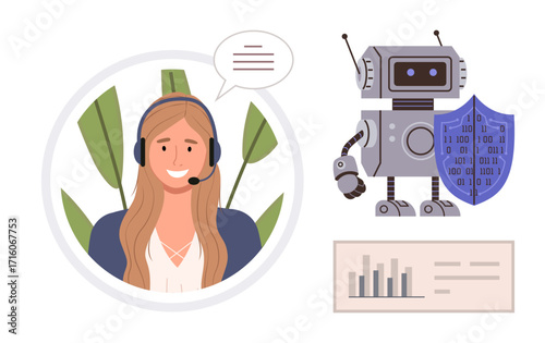 Customer service representative wearing a headset next to a robot with a shield, data chart. Ideal for technology, AI, cybersecurity, customer service, teamwork, data management innovation. Simple