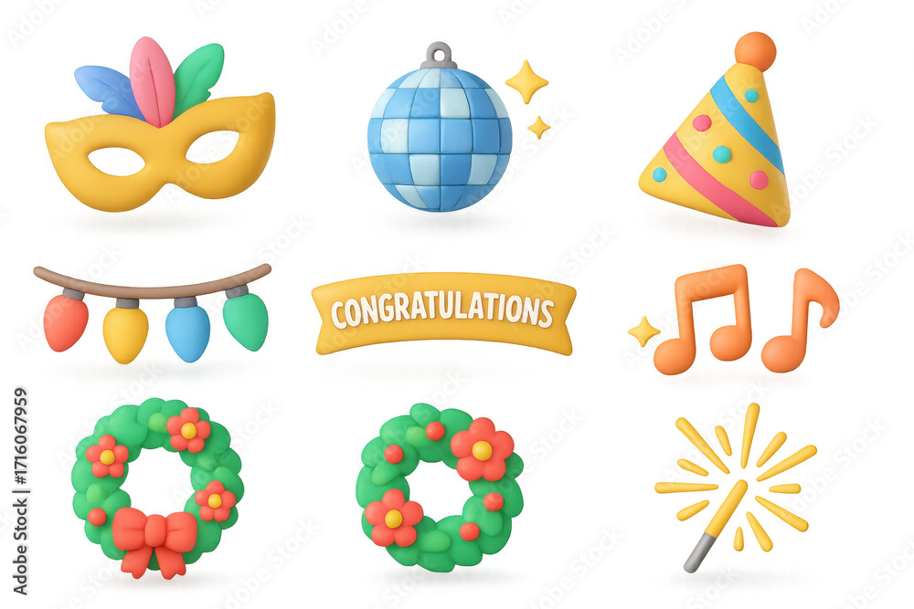 Fototapeta premium Festive icon set: party mask, disco, and celebration elements in 3d design
