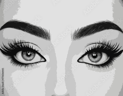 Black and white illustration of a woman's eyes winking and open with long eyelashes and defined eyebrows