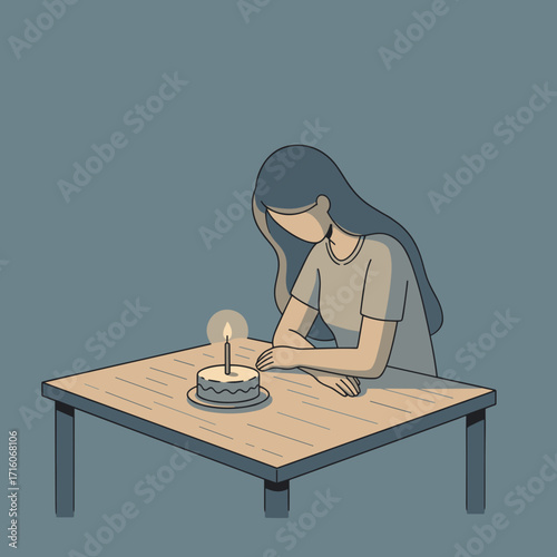 sad girl  sitting alone at table with birthday cake and candle  