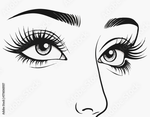 Black and white illustration of a woman's eyes winking and open with long eyelashes and defined eyebrows