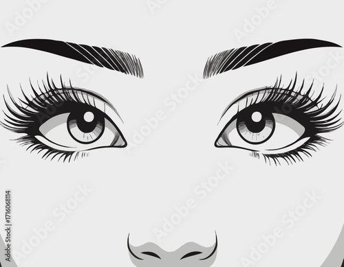 Black and white illustration of a woman's eyes winking and open with long eyelashes and defined eyebrows
