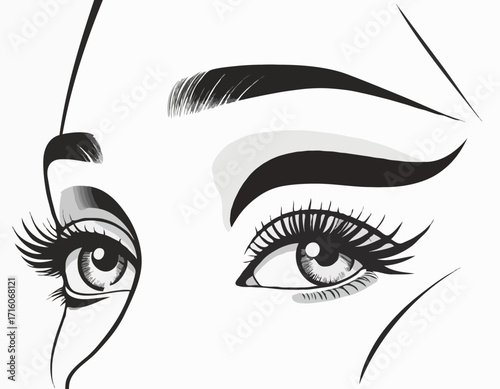 Black and white illustration of a woman's eyes winking and open with long eyelashes and defined eyebrows