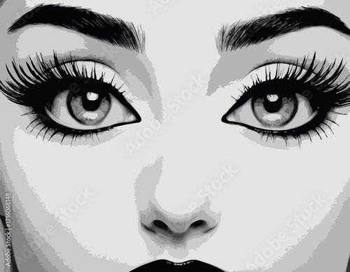 Black and white illustration of a woman's eyes winking and open with long eyelashes and defined eyebrows