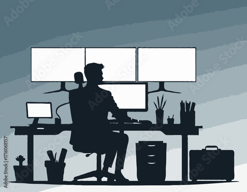 Person working at desk with dual monitors and computer equipment silhouette
