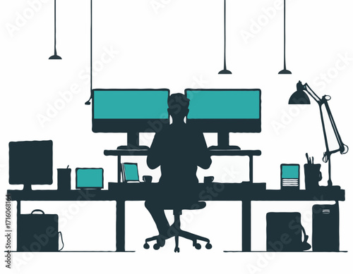 Person working at desk with dual monitors and computer equipment silhouette