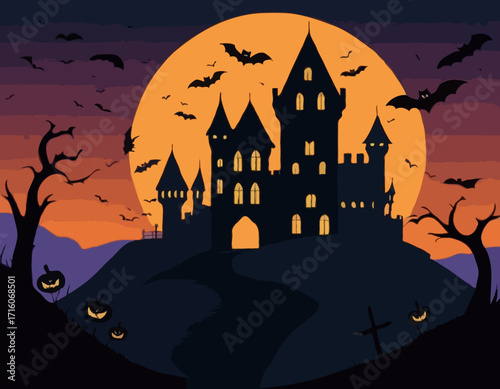 Castle and bats halloween night