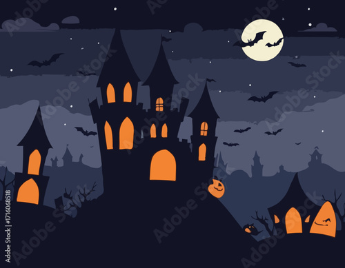 Castle and bats halloween night