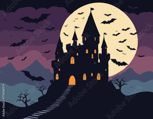 Castle and bats halloween night
