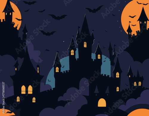 Castle and bats halloween night