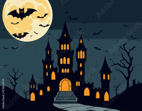 Castle and bats halloween night