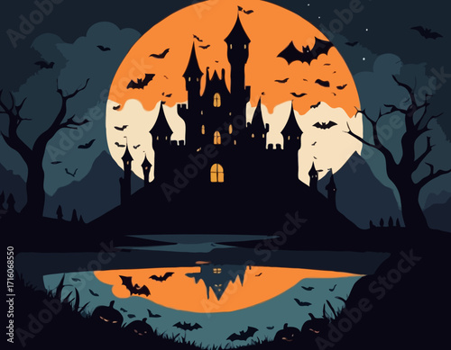 Castle and bats halloween night