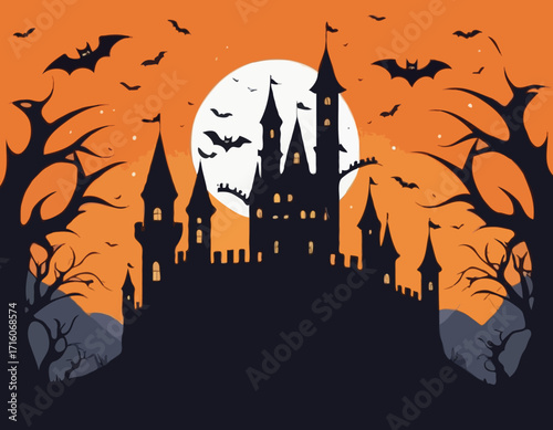 Castle and bats halloween night