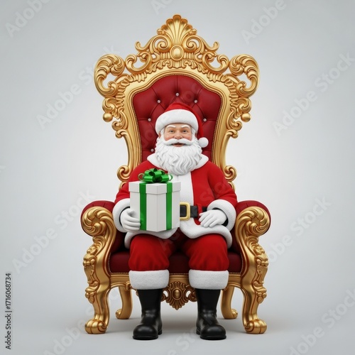 Festive Santa Claus Sitting on Ornate Gold Throne Holding Gift Box with Green Ribbon for Holiday Celebration and Christmas Cheer