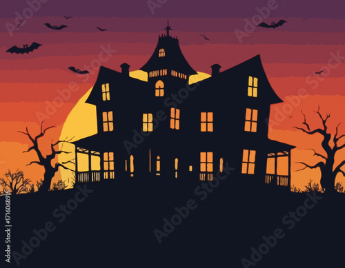 A spooky haunted house silhouette at sunset Vector