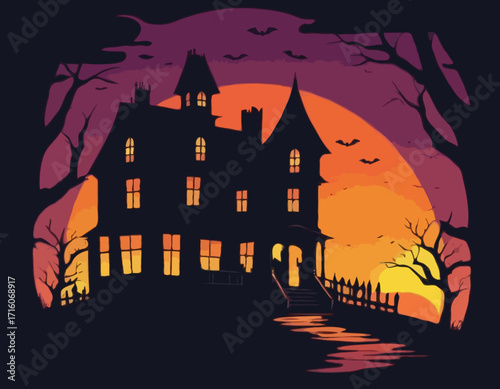 A spooky haunted house silhouette at sunset Vector