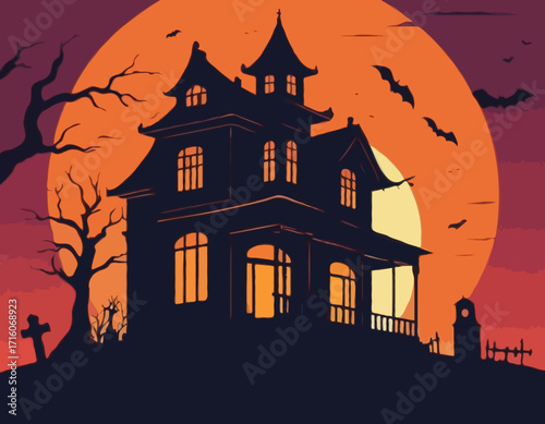 A spooky haunted house silhouette at sunset Vector