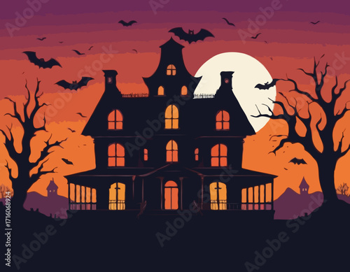A spooky haunted house silhouette at sunset Vector