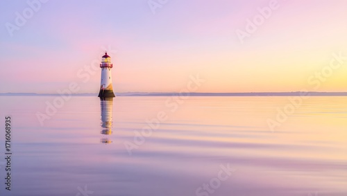 Lighthouse standing in calm water at sunset with pastel colors and soft reflections