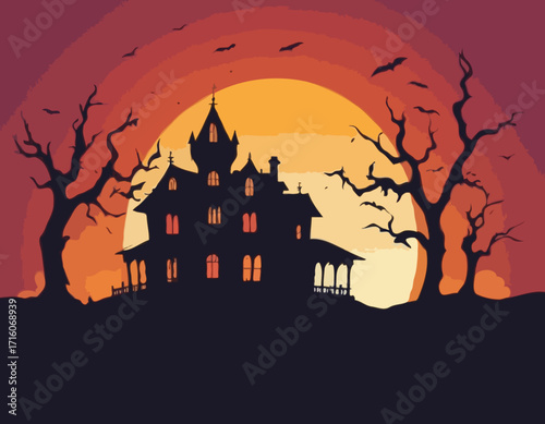 A spooky haunted house silhouette at sunset Vector
