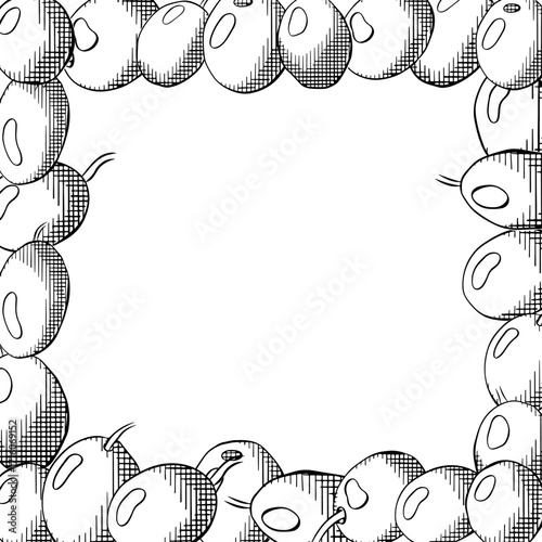 Olive berry square template. Vector graphic line ink black and white illustration. Mediterranean botanical design for package Banner, poster, wrapping paper, sticker, print, modern textile design.