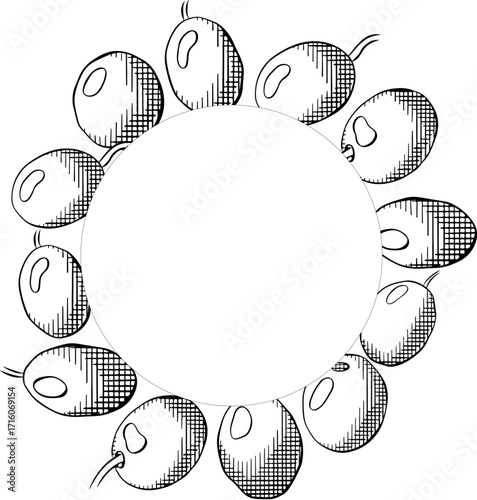 Olive black berry circle square template. Vector graphic line ink black and white illustration. Silhouette sign for logo, print, comics, fashion, pop art, boards, design, stickers, decoration