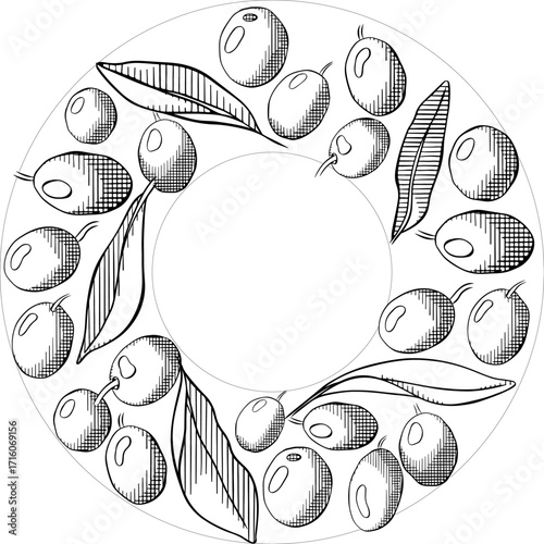 Olive green berry and leaves circle round frame template. Vector graphic line ink black and white illustration. Healthy food, natural organic cosmetics for invitation, label, advertisement