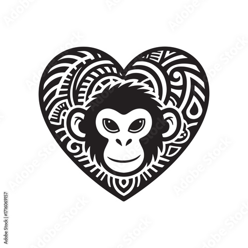 Bold Tribal Monkey Face Logo with Heart-Shaped Symmetry and Intricate Patterns. 