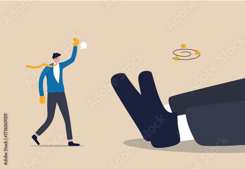 Big business winning, SME, Small and medium-sized enterprises beating giant opponent, surprise win in battle concept, confident businessman raising victory arm after defeat fallen giant opponent