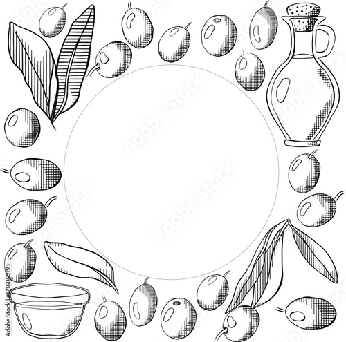 Olive oil, green berry and leaves square circle round frame template. Vector graphic line ink black and white illustration. Banner, poster, wrapping paper, sticker, print, modern textile design.