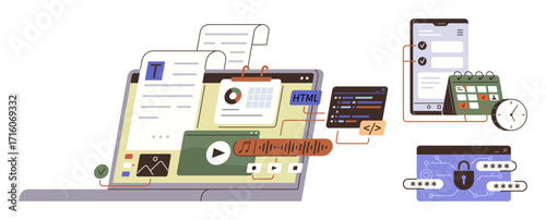 Laptop displaying documents, charts, coding interface, and multimedia files linked to a mobile phone, calendar, clock, and security padlock. Ideal for workflow, collaboration coding content