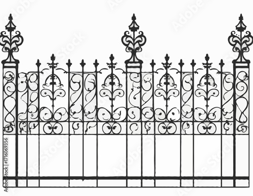 Black Silhouette of Wrought Iron Fence, Isolated on White Background, Decorative Border Design