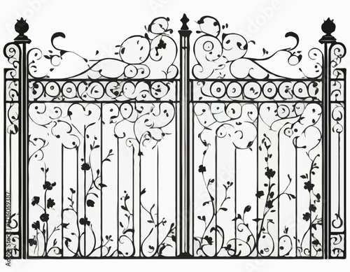 Wrought iron fence black silhouette Iron border isolated on white background