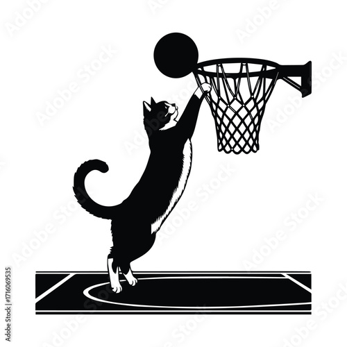 Playful cat silhouette dunking a basketball into a hoop silhouette
