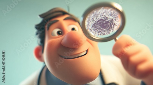 Close-up of a friendly cartoon doctor smiling while examining through a magnifying glass. Ideal for healthcare, education, and children's content.